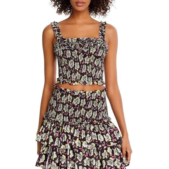 Cinq A Sept Mira Smocked Crop Top In Black Multi - Picture 1 of 5